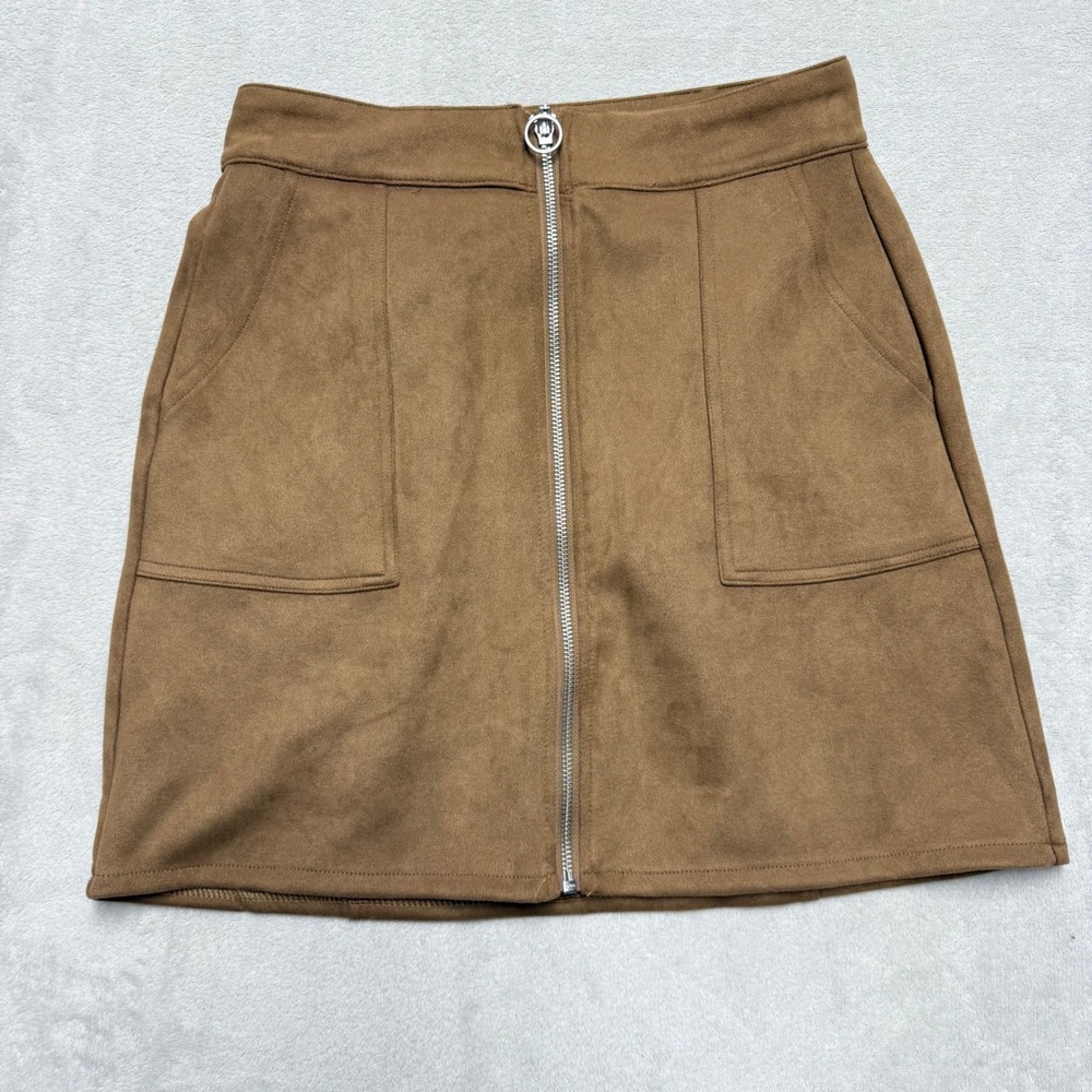 Maurices Brown Faux Suede Zip Front Mini Skirt Size 4 A-Line Pocketed Camel